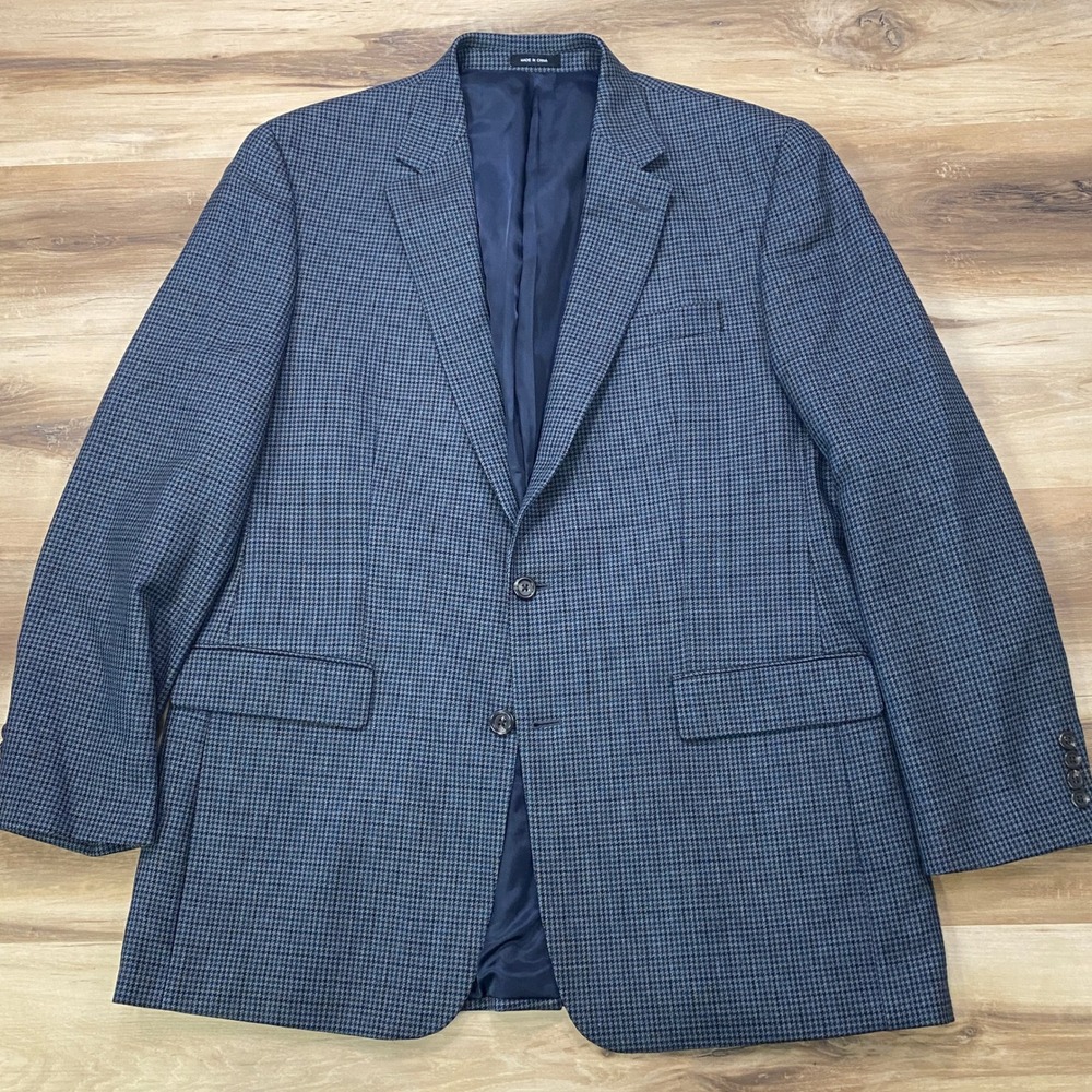 Lauren Ralph Lauren Sport Coat 44L Houndstooth 100% Wool Two Button Blue Blazer